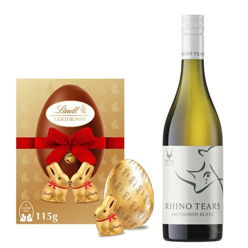 Rhino Tears Sauvignon Blanc 75cl White Wine and Lindt Lindor Gold Bunny & Milk Chocolate Easter Egg 115G